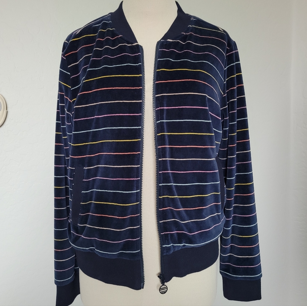Marine Layer Jacket Auckland Velour Bomber Navy Stripe Zip Up Track Coat - Picture 4 of 10